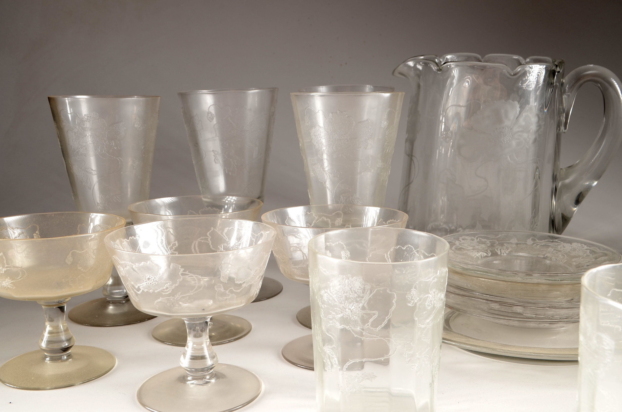Vintage Glassware Set with Etched Flowers 