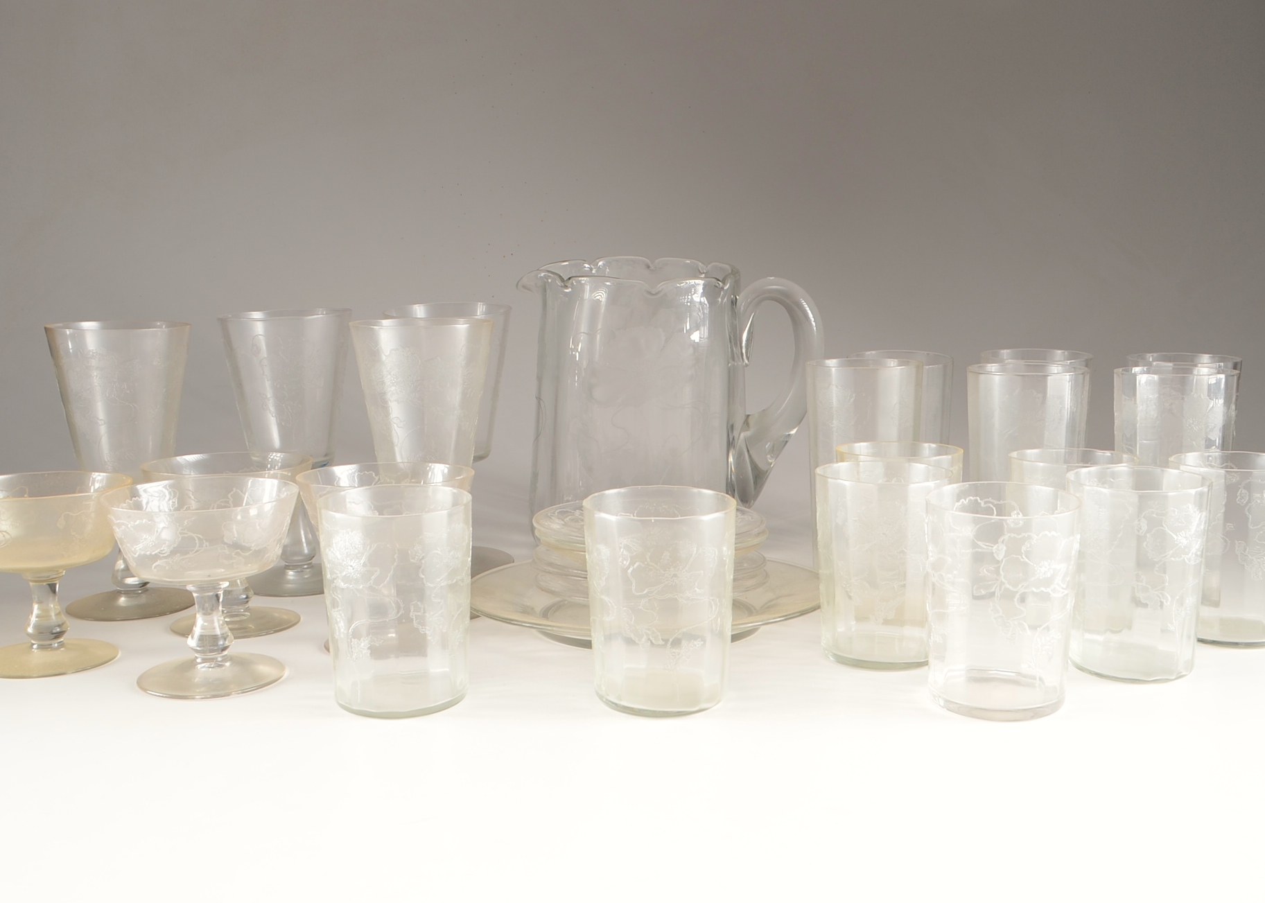 Vintage Glassware Set with Etched Flowers 