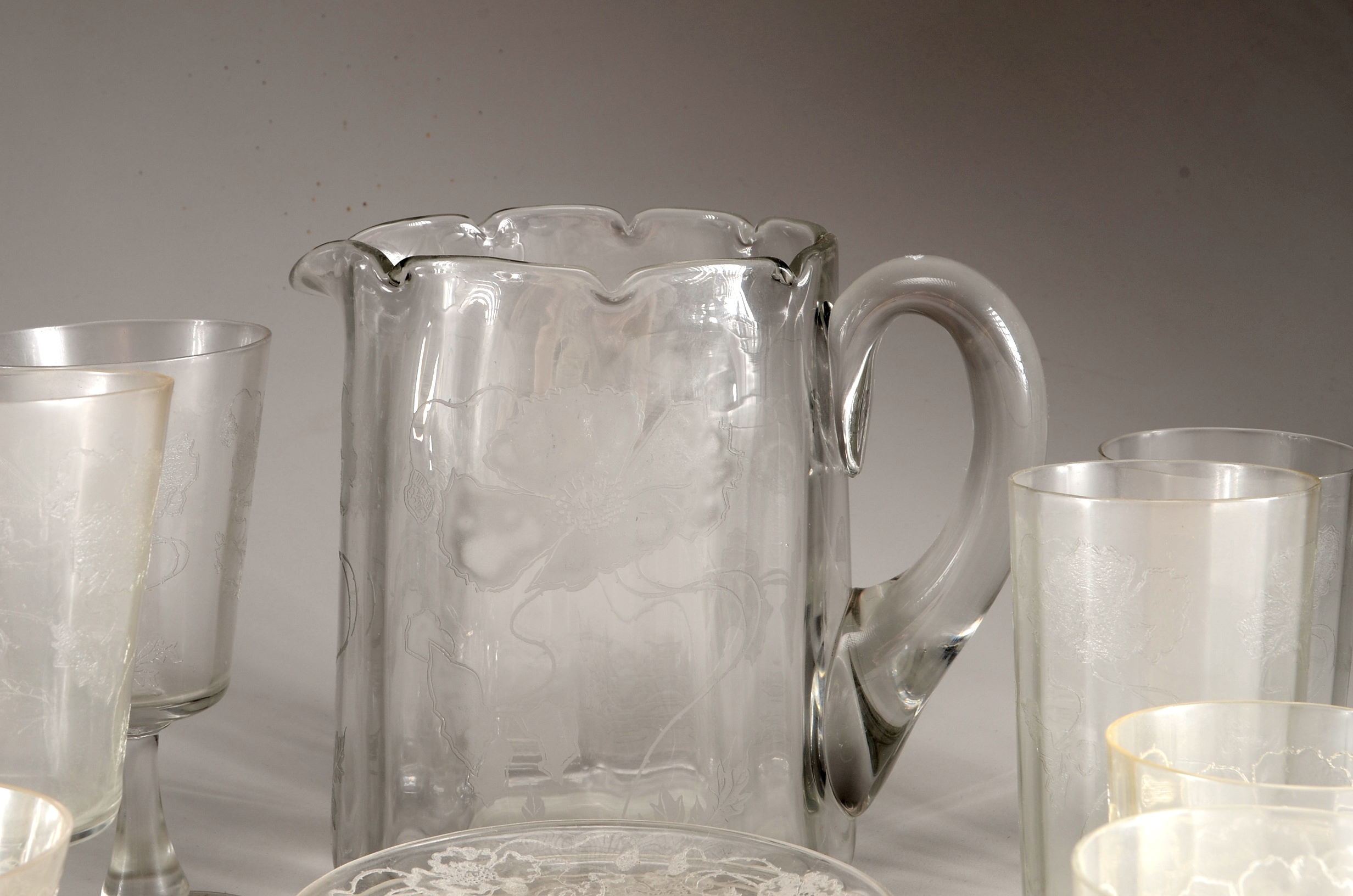 Vintage Glassware Set with Etched Flowers 