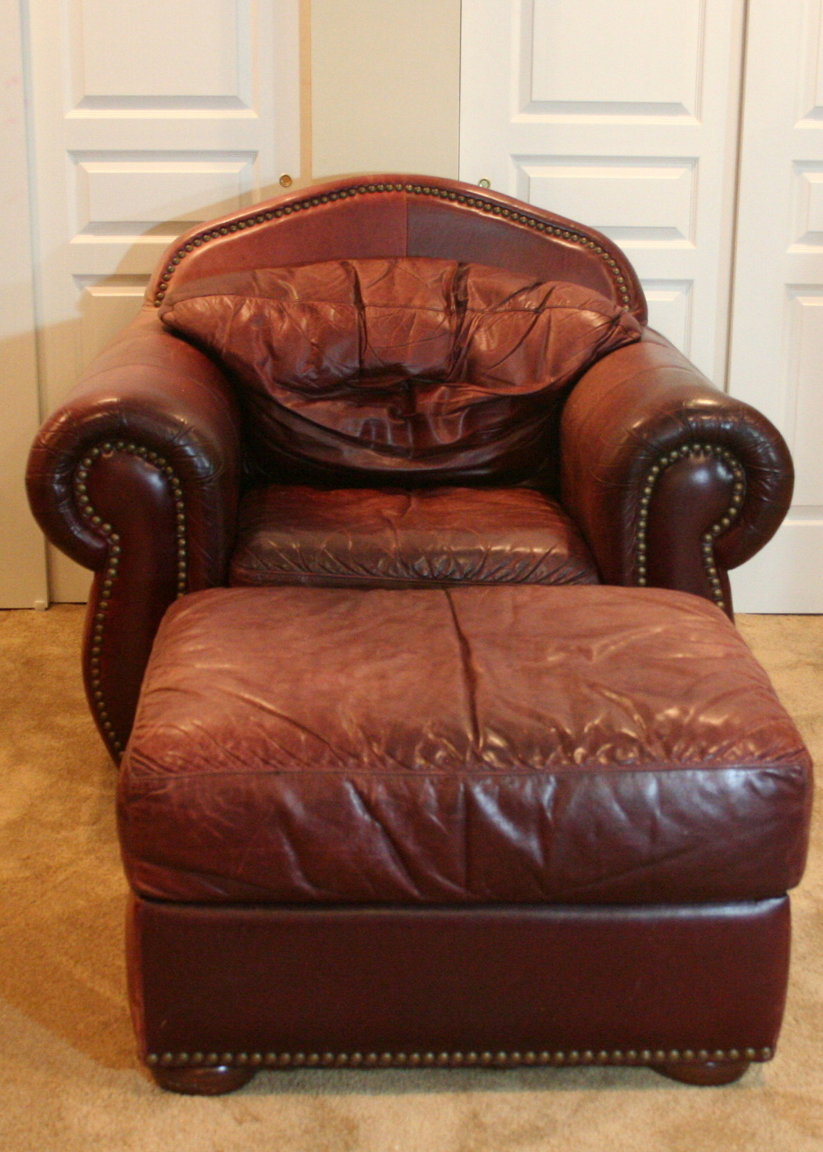 Leather Overstuffed Chair and Ottoman