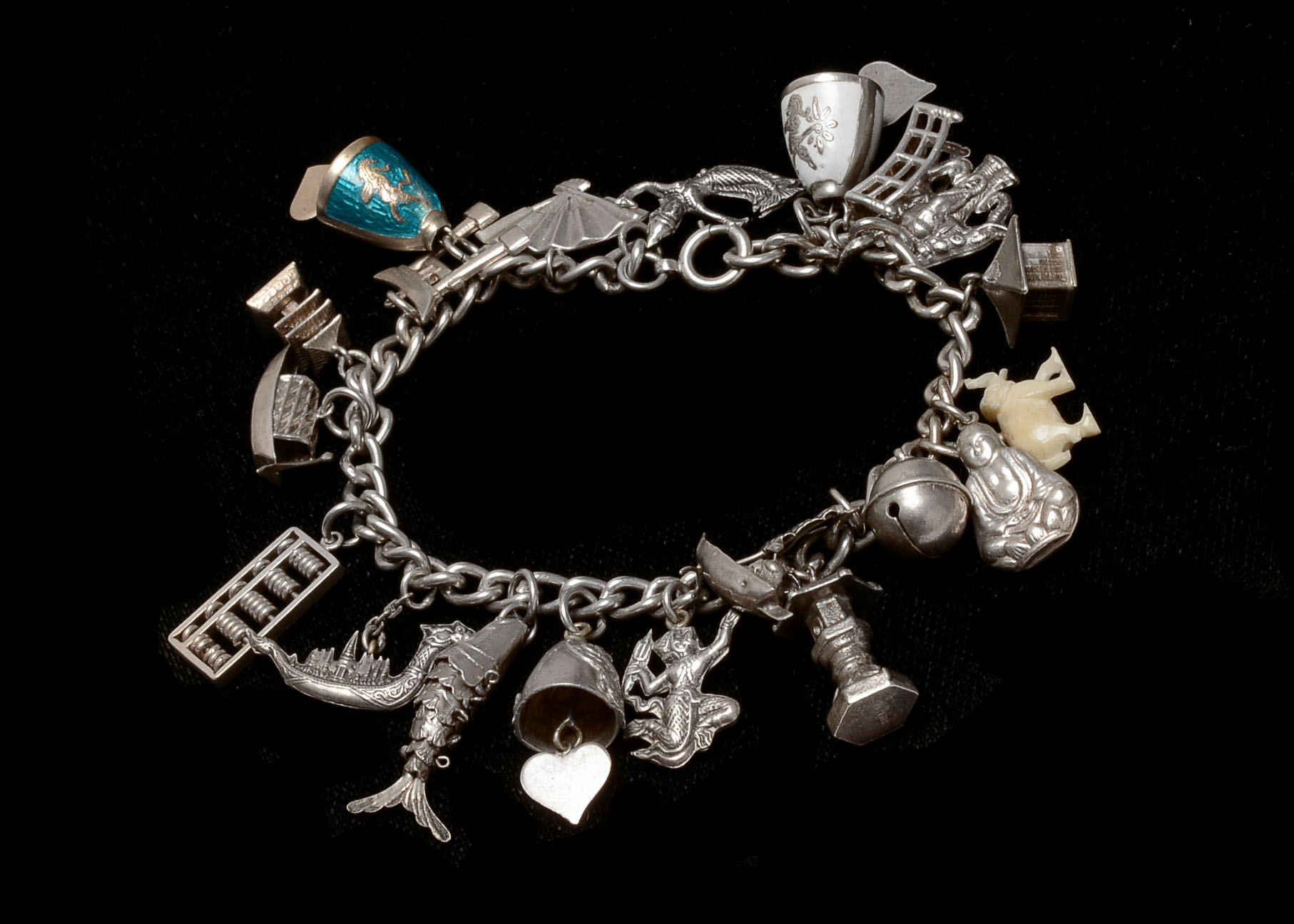 Vintage Sterling Silver Charm Bracelet with Twenty Thai Charms 