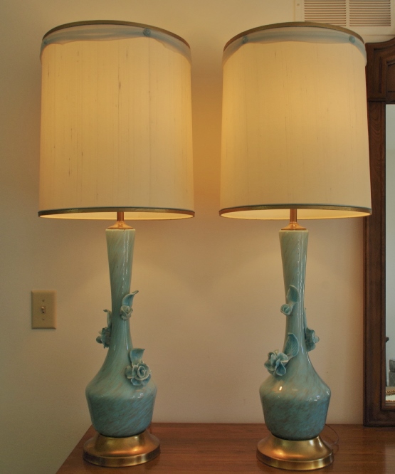 Vintage Murano Art Glass Lamps with Floral Applique