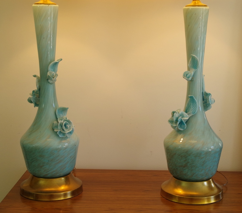Vintage Murano Art Glass Lamps with Floral Applique