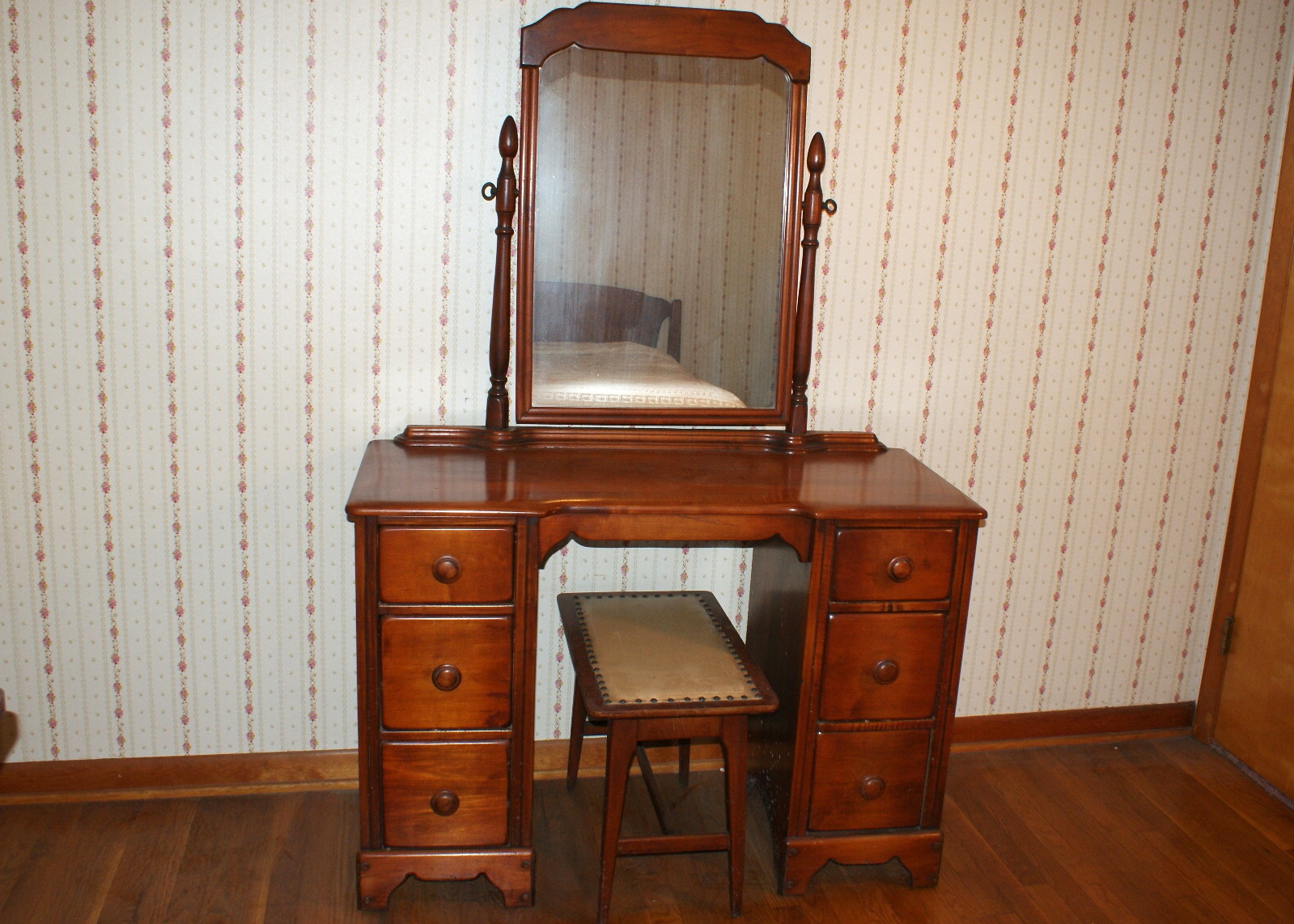 Vintage Solid Rock Maple Vanity with Mirror and Bench