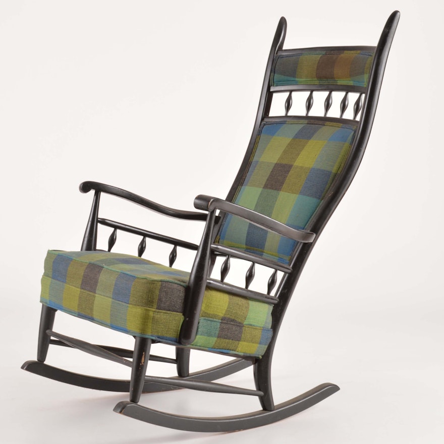 Black Lacquer and Plaid Upholstered Rocking Chair