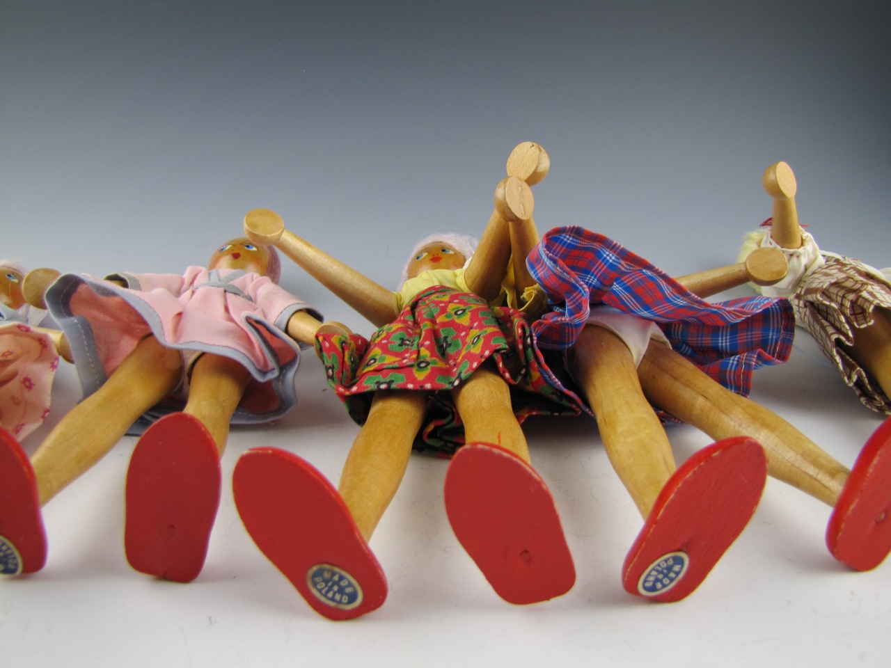 Vintage Collection of Twelve Wooden Pin Dolls Handmade in Poland