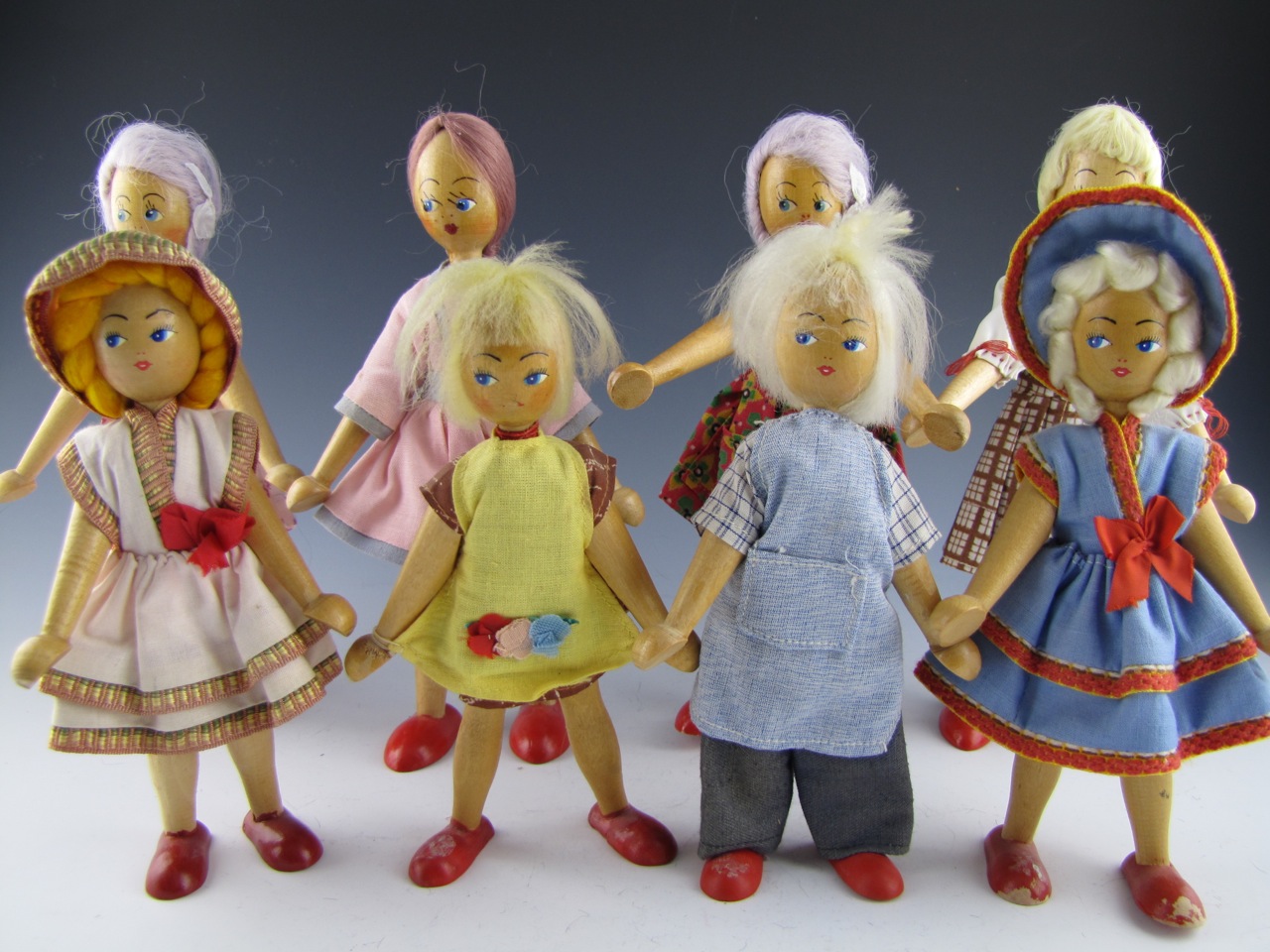 Vintage Collection of Twelve Wooden Pin Dolls Handmade in Poland