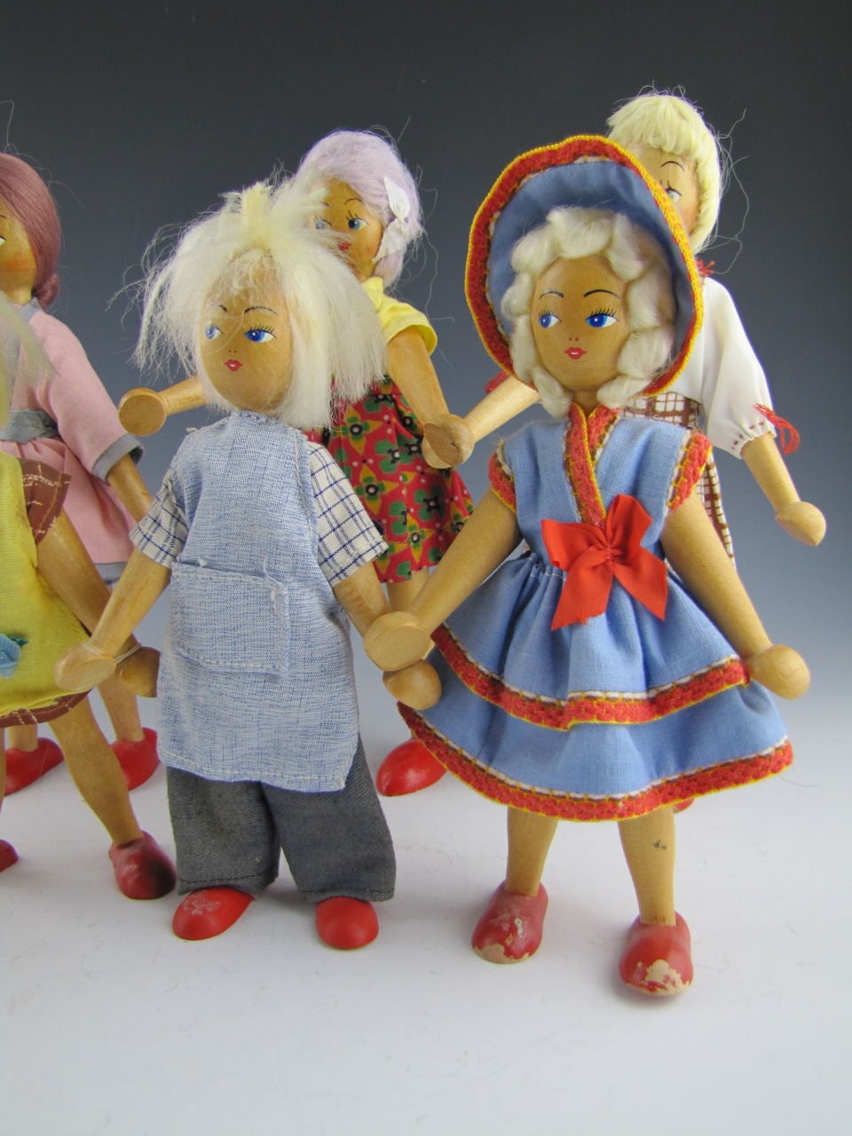 Vintage Collection of Twelve Wooden Pin Dolls Handmade in Poland