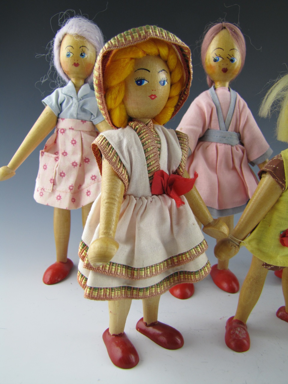 Vintage Collection of Twelve Wooden Pin Dolls Handmade in Poland