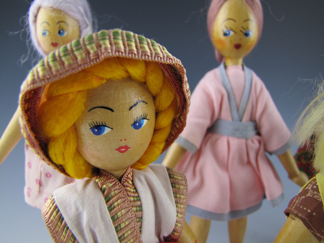 Vintage Collection of Twelve Wooden Pin Dolls Handmade in Poland