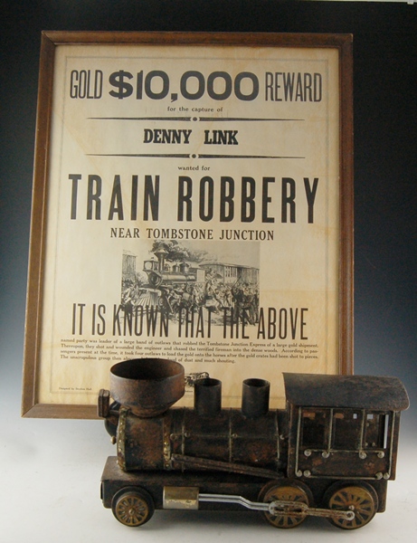 Decorative Metal Train and "Wanted" Poster