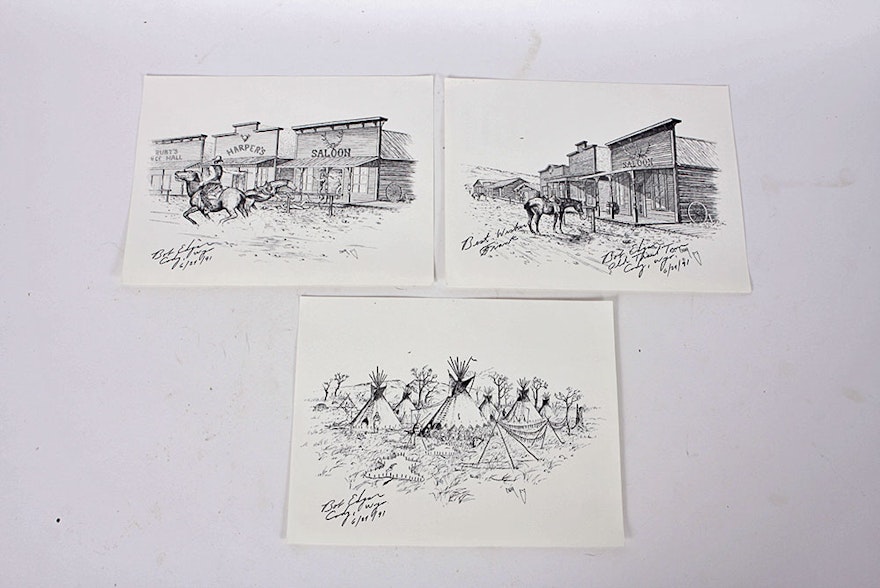 Set of Three Signed Prints of Bob Edgar Pen and Ink Drawings