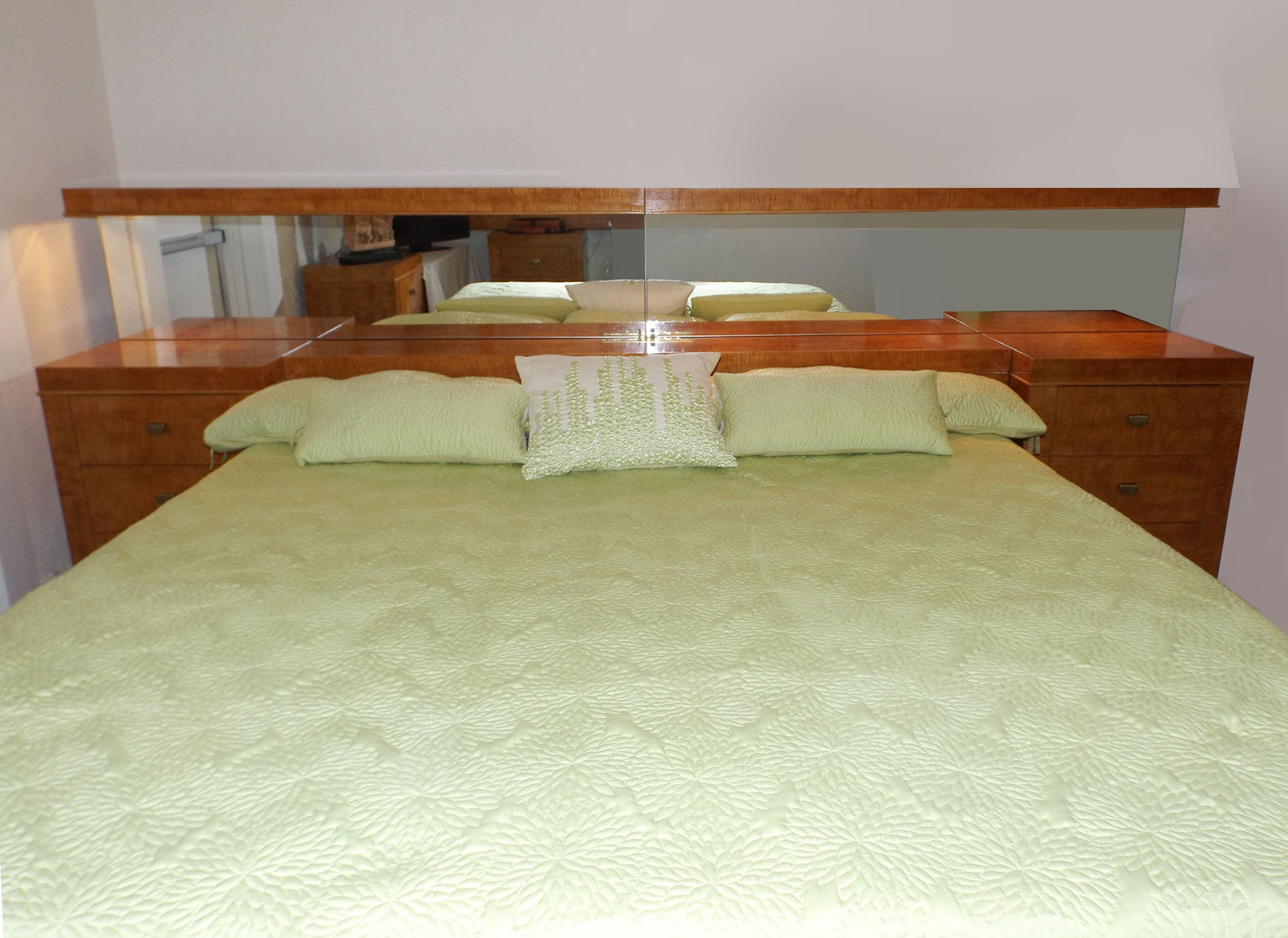 Mid-Century Lane King Tiger Maple Headboard and Night Stands