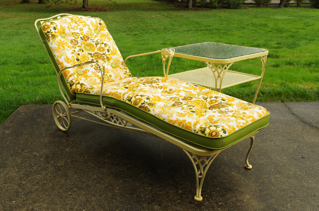 Vintage Wrought Iron Chaise Lounge with Cushion and Side Table