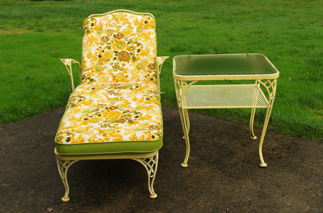 Vintage Wrought Iron Chaise Lounge with Cushion and Side Table