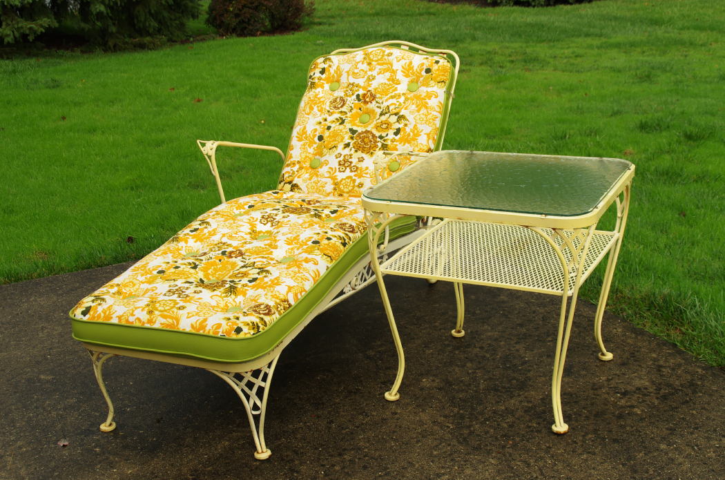 Vintage Wrought Iron Chaise Lounge with Cushion and Side Table