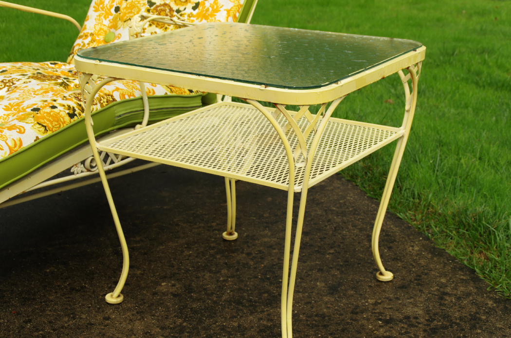 Vintage Wrought Iron Chaise Lounge with Cushion and Side Table