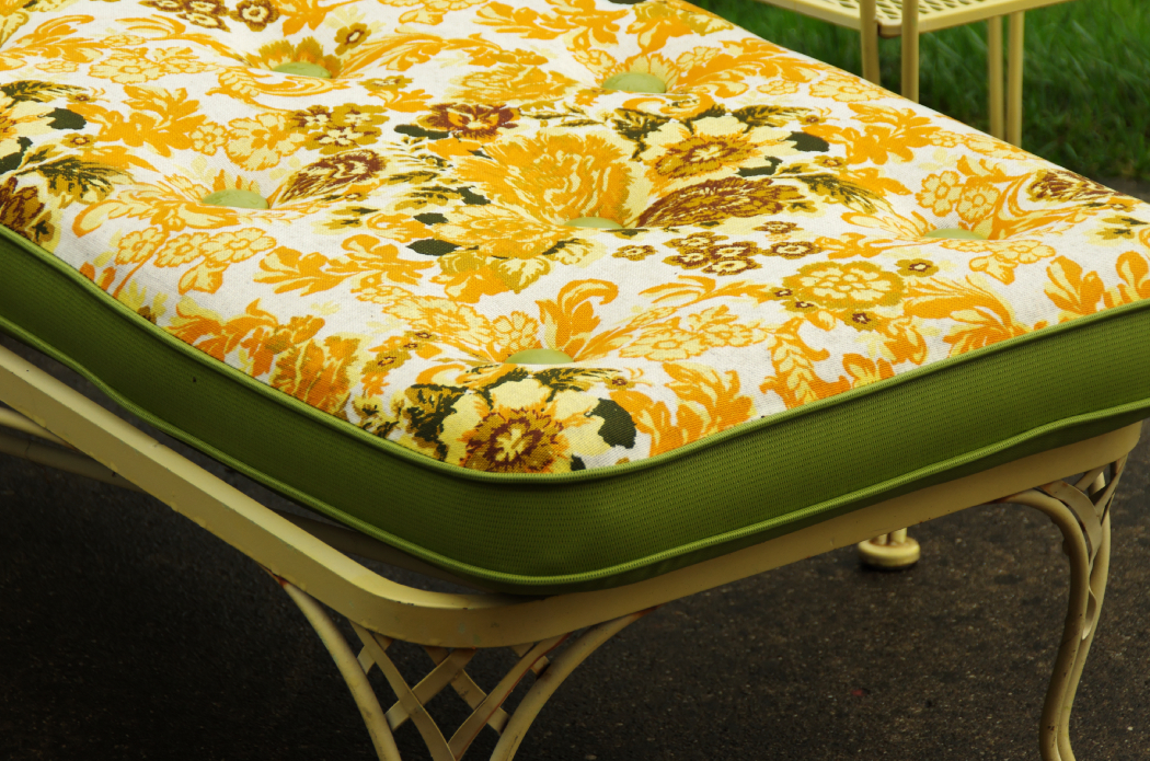 Vintage Wrought Iron Chaise Lounge with Cushion and Side Table