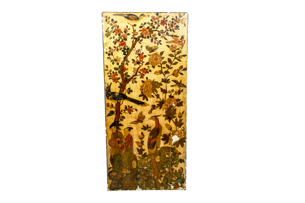 Large Antique Hand-Painted Board with Asian Tree of Life Design