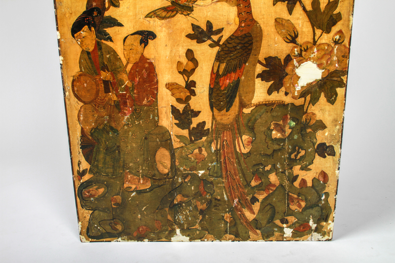 Large Antique Hand-Painted Board with Asian Tree of Life Design