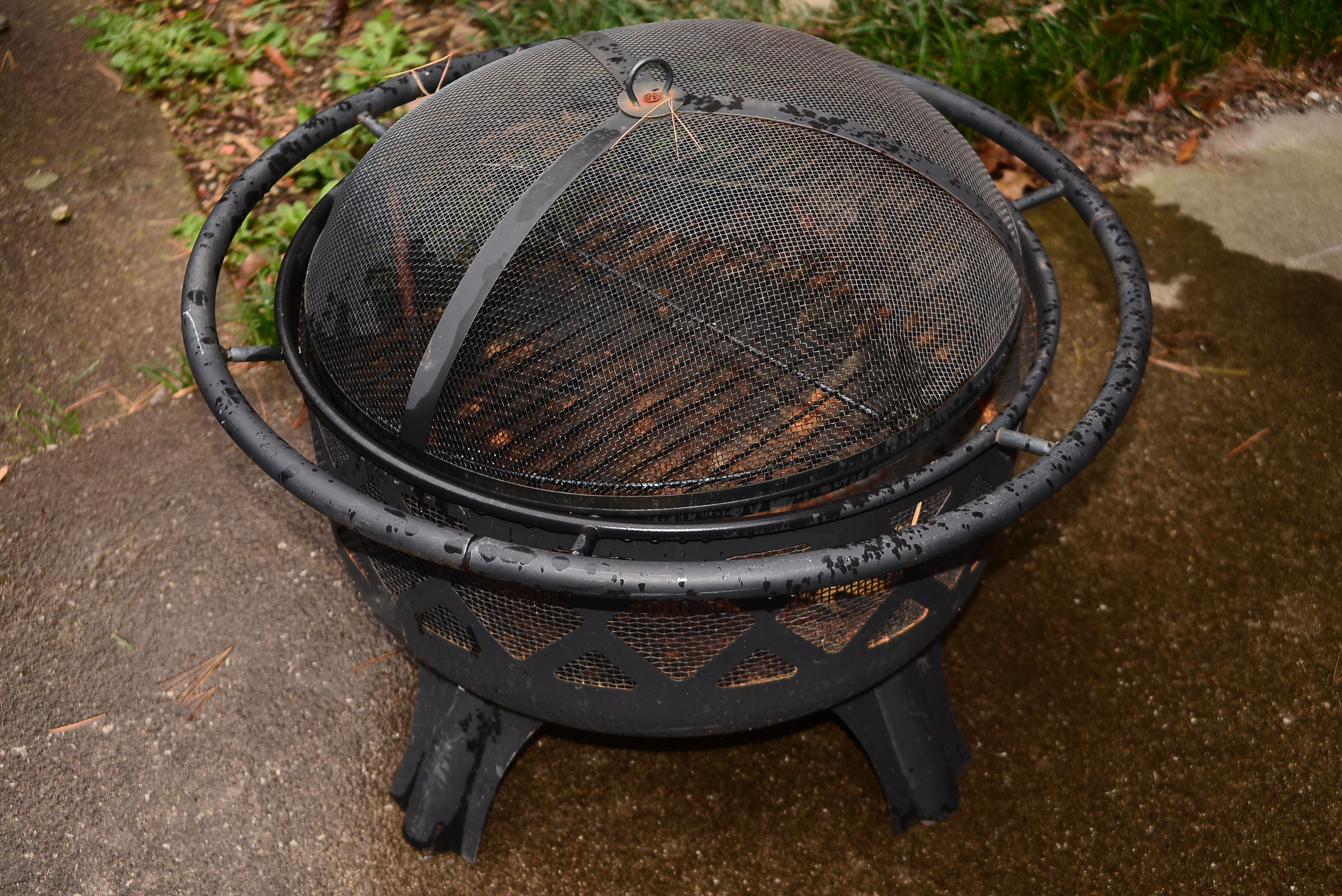 Black Metal Fire Pit with Screen Dome