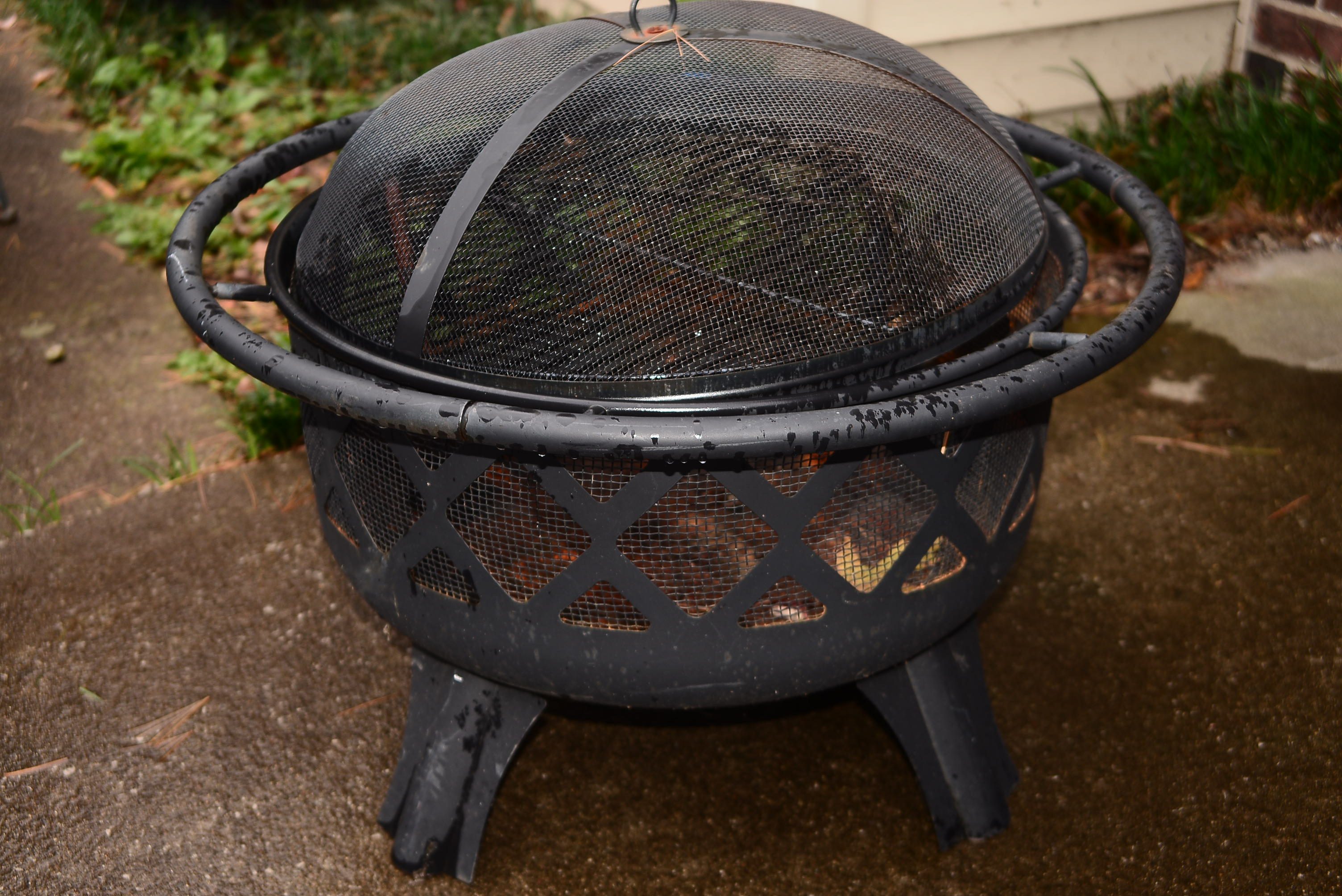 Black Metal Fire Pit with Screen Dome