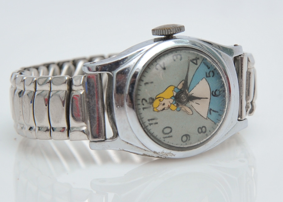 Alice in Wonderland Watch, circa 1950 with Vintage Stretch Band