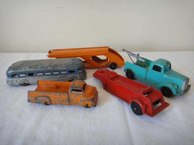 Vintage 1950s Tootsietoy Cast Metal Trucks, Bus and Carriers
