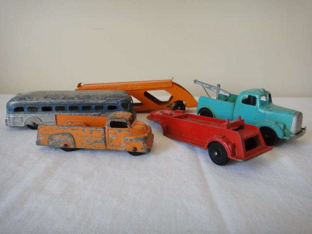 Vintage 1950s Tootsietoy Cast Metal Trucks, Bus and Carriers