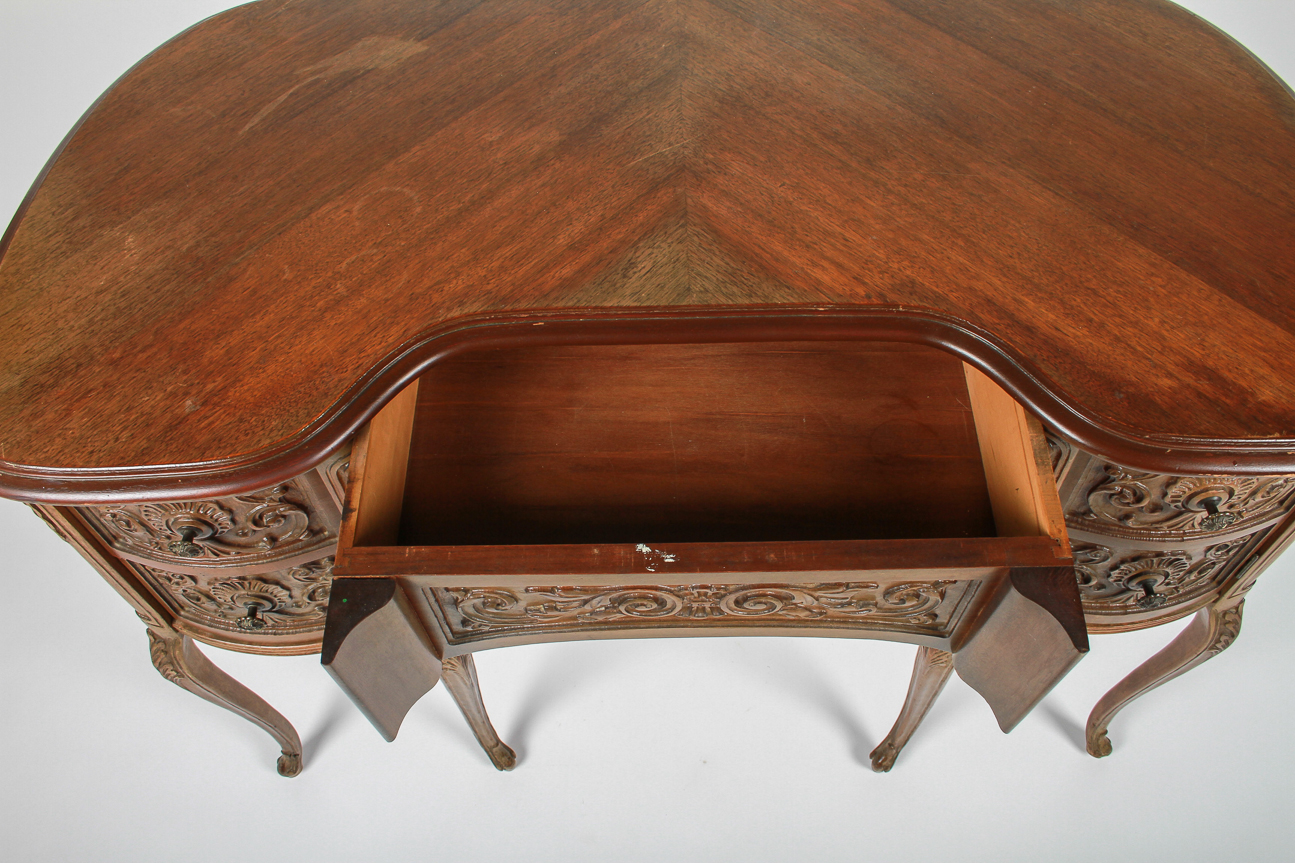 Antique Carved Wood Kidney Shape Desk