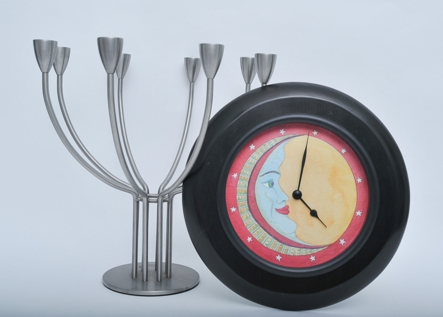 Eight Arm Metal Candelabra and Clock with Watercolor Painted Face