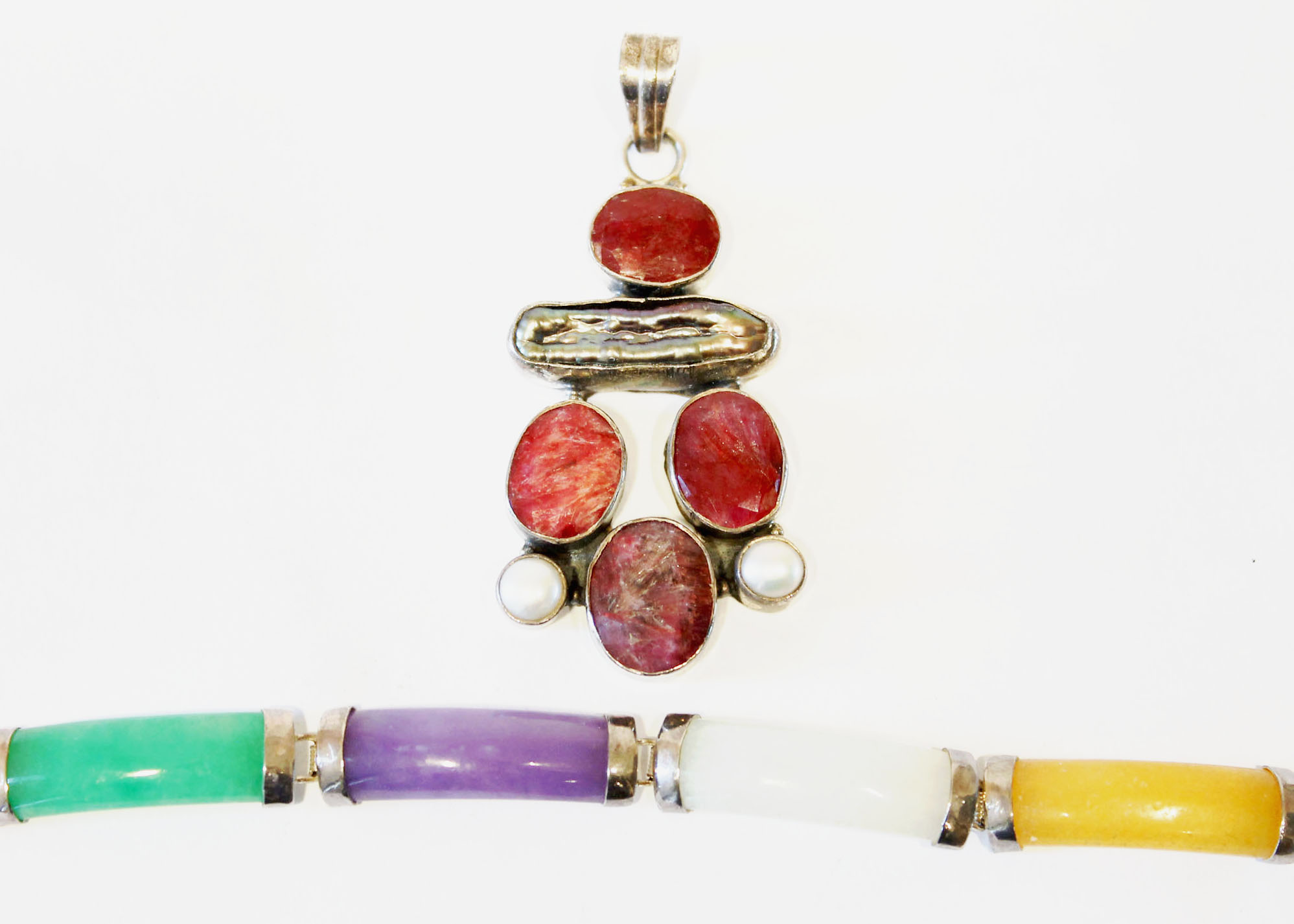 Sterling Polished Stone Bracelet and Pendant