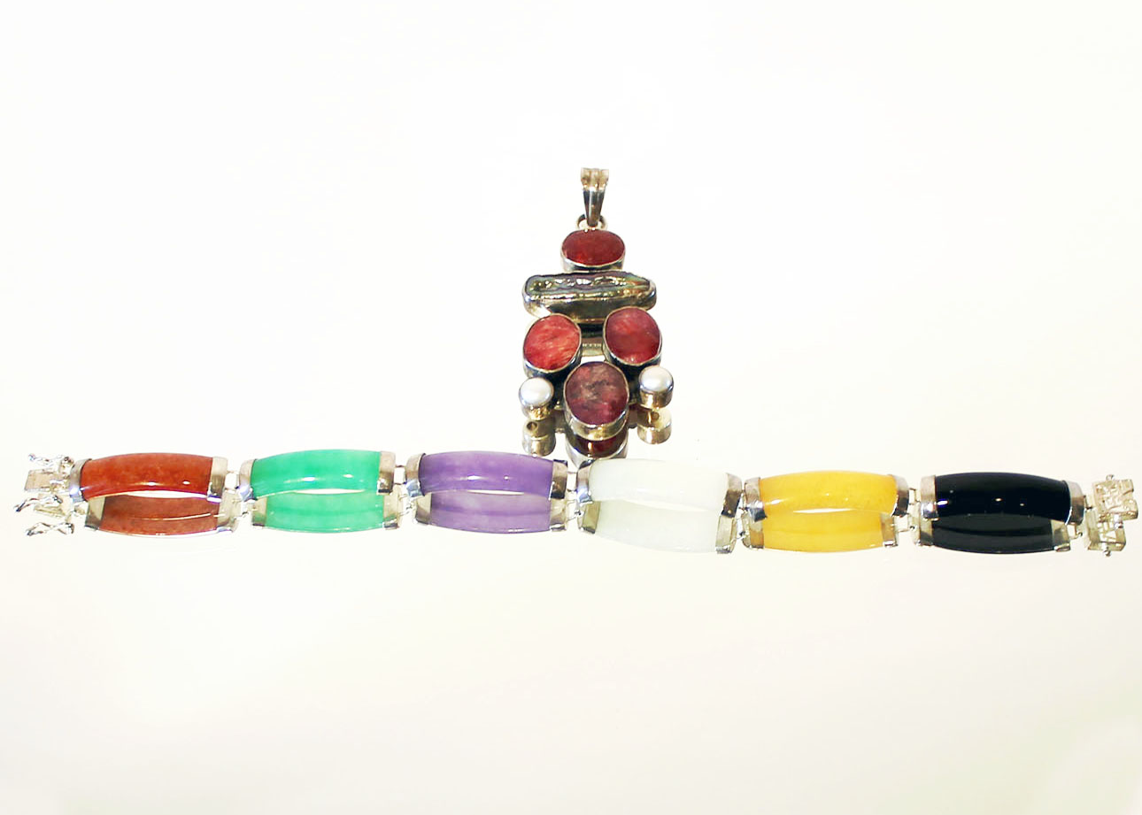 Sterling Polished Stone Bracelet and Pendant
