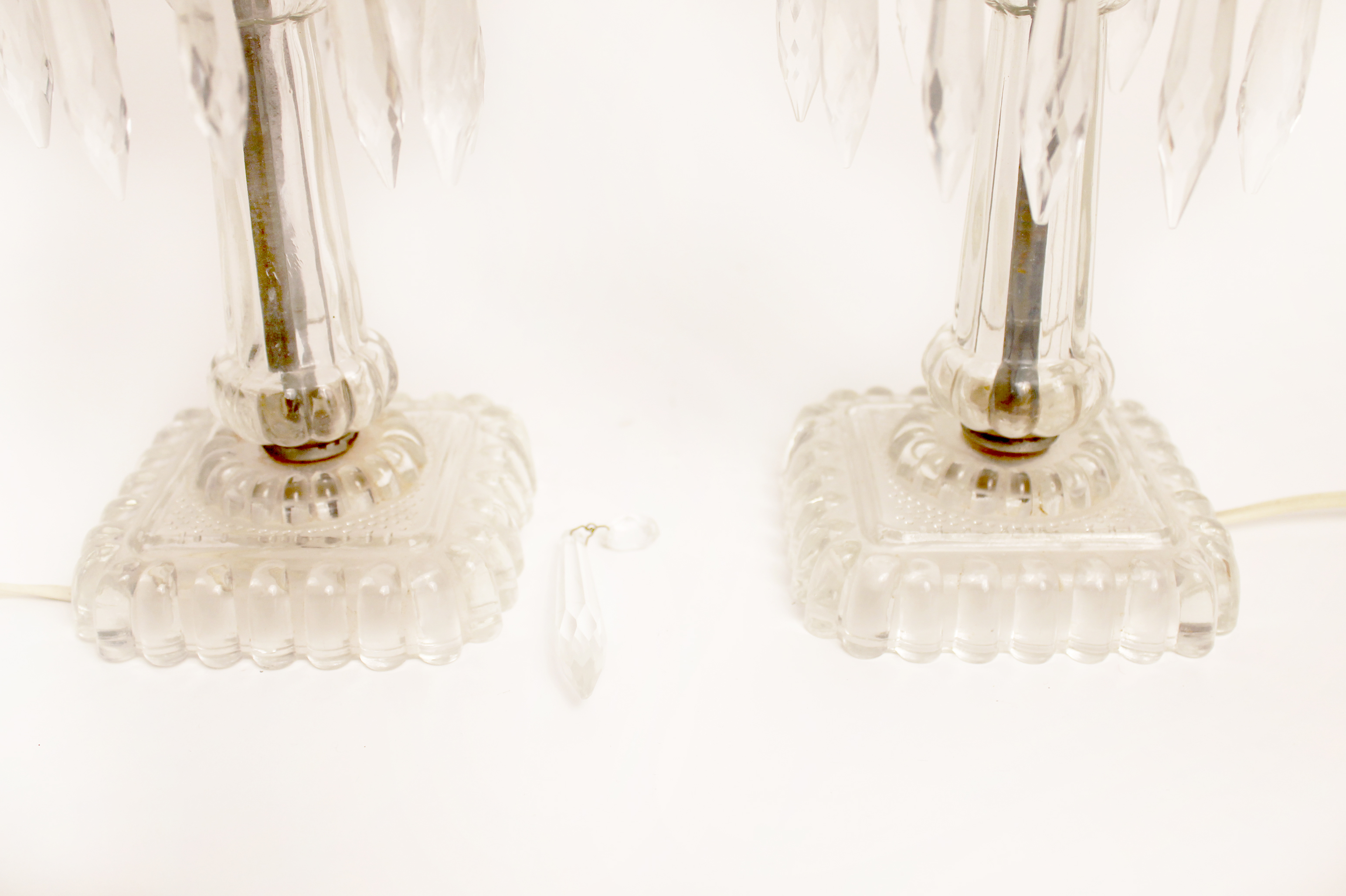 Two Vintage Etched Glass Accent Lamps and Hanging Crystal Prisms
