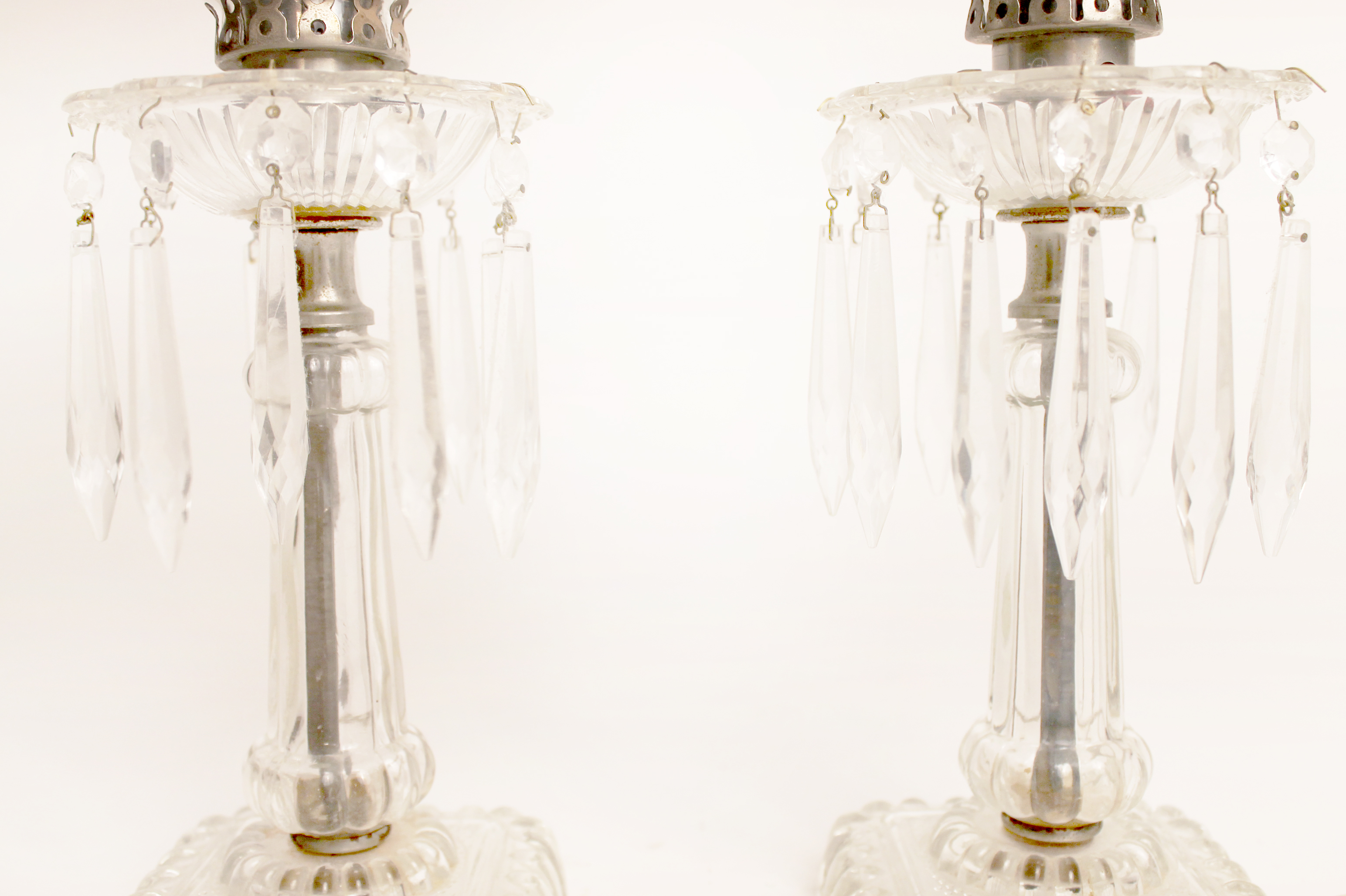 Two Vintage Etched Glass Accent Lamps and Hanging Crystal Prisms
