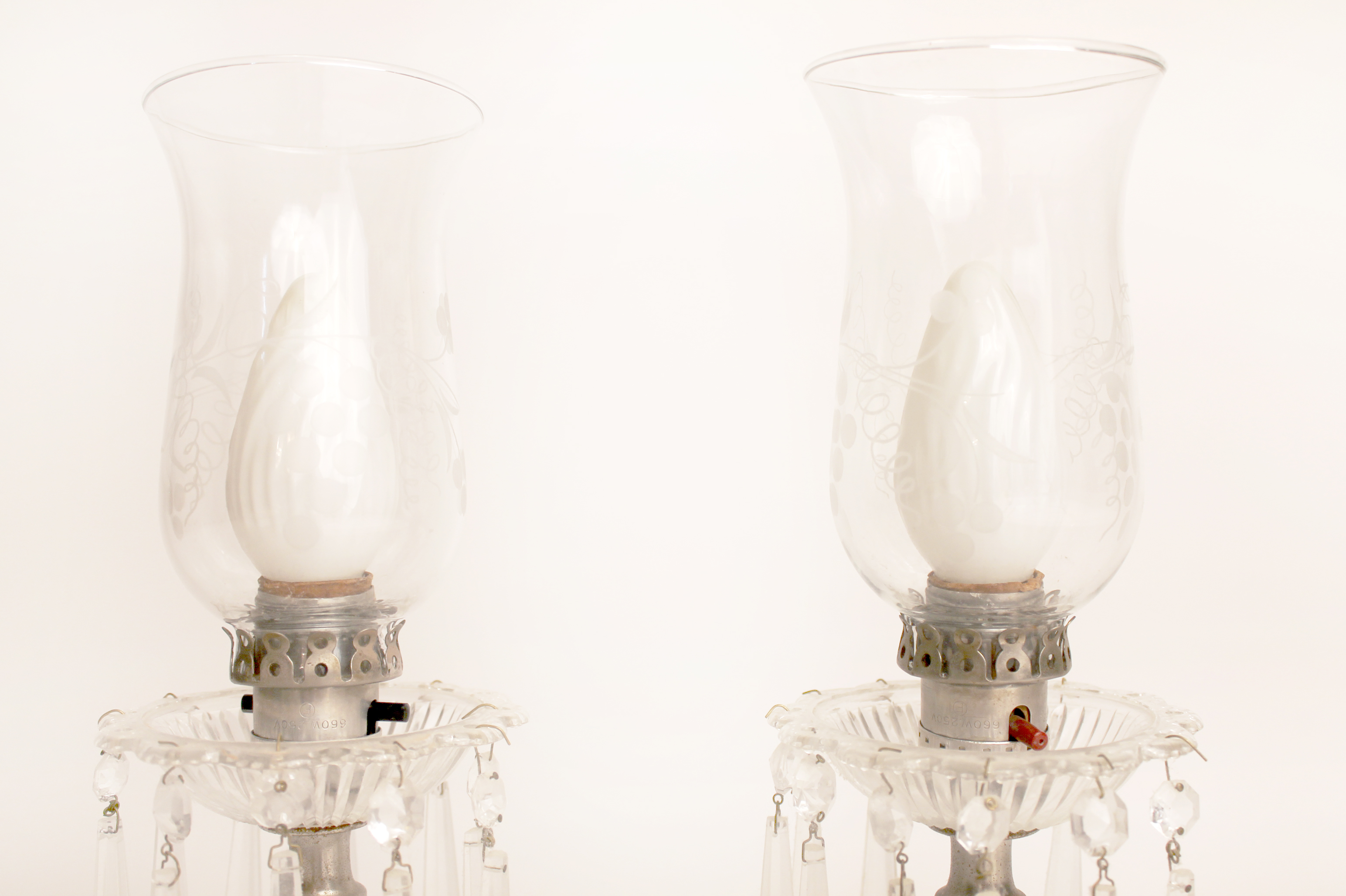 Two Vintage Etched Glass Accent Lamps and Hanging Crystal Prisms