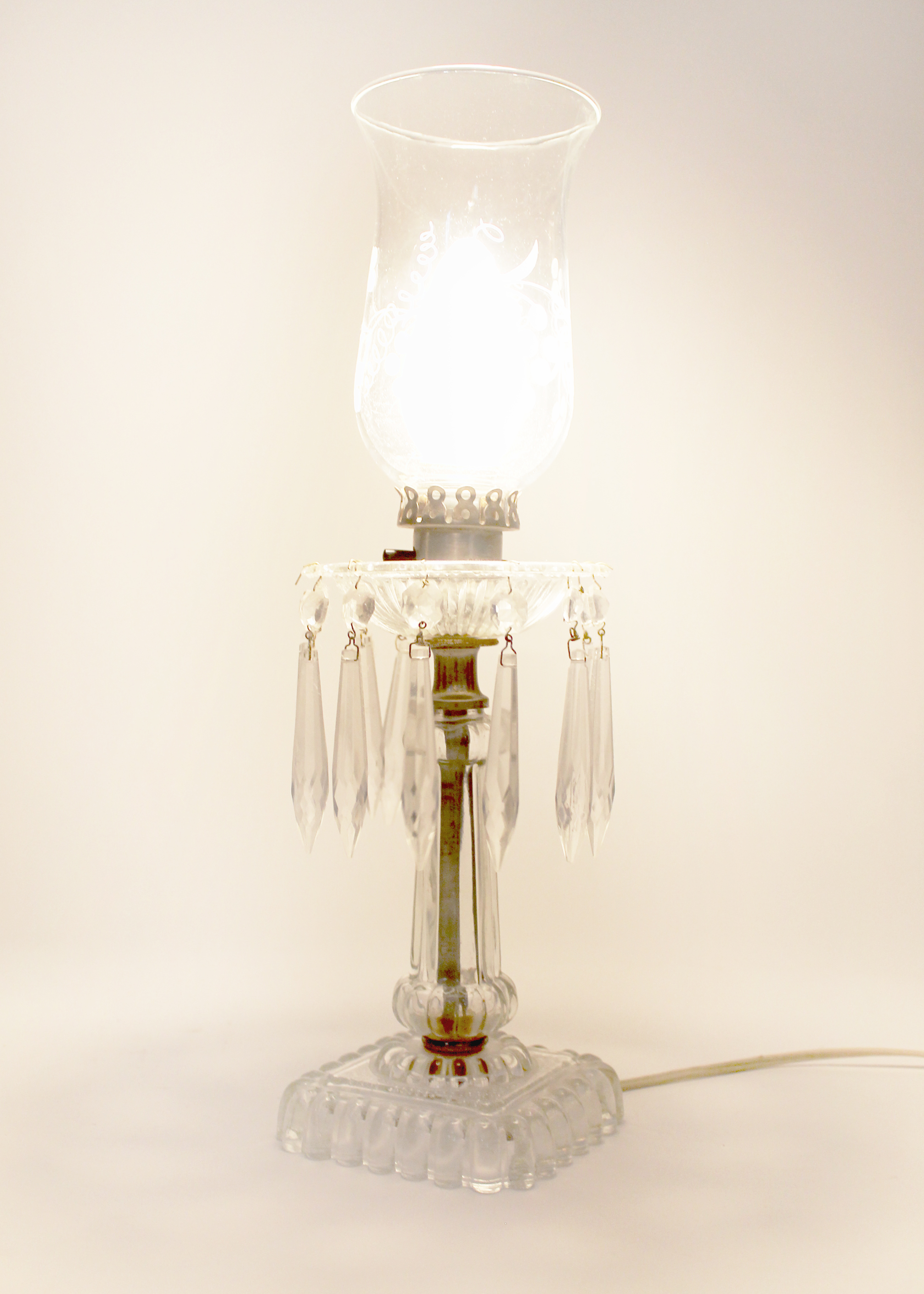 Two Vintage Etched Glass Accent Lamps and Hanging Crystal Prisms