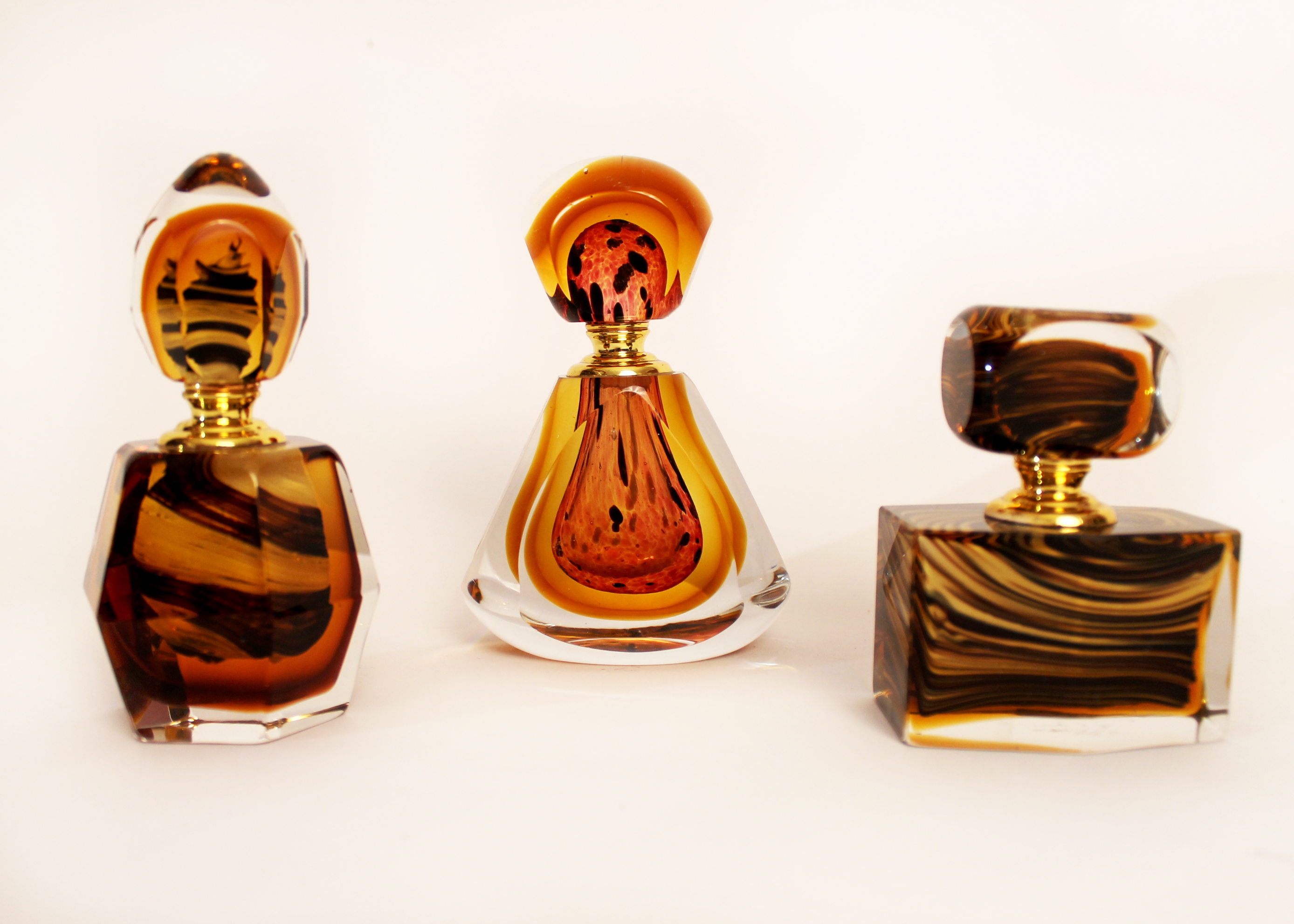 Trio of Art Deco Swirled Art Glass Vintage Perfume Bottles