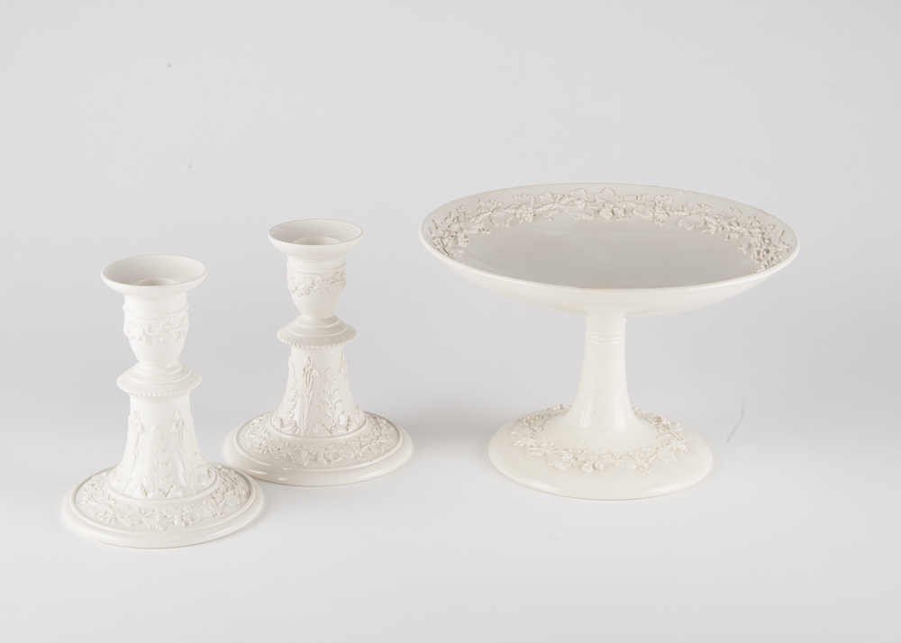 Wedgwood Embossed China Pedestal Dish and Candlesticks
