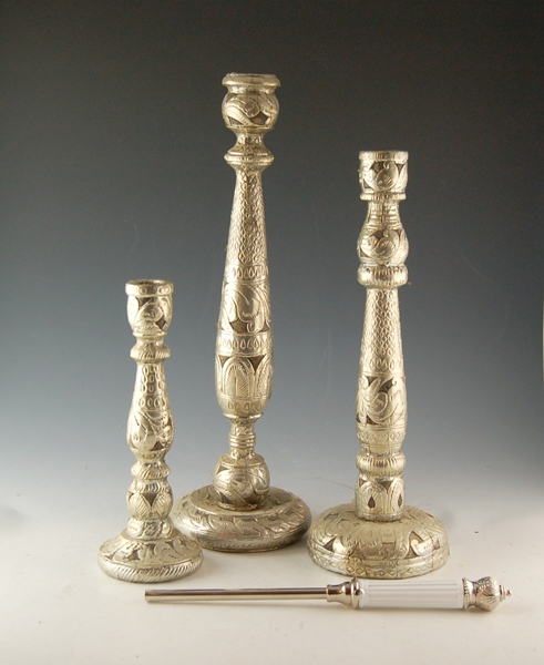 Three Rustic Embossed Silver-Over-Wood Candlesticks and Lighter