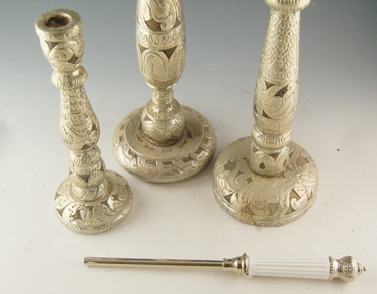 Three Rustic Embossed Silver-Over-Wood Candlesticks and Lighter