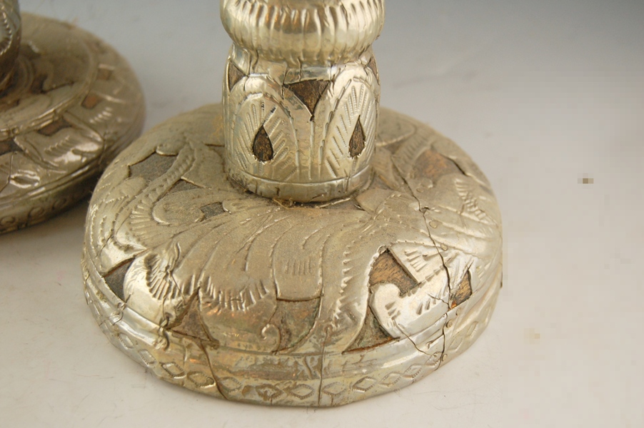 Three Rustic Embossed Silver-Over-Wood Candlesticks and Lighter