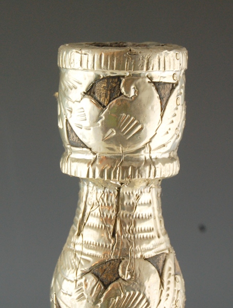 Three Rustic Embossed Silver-Over-Wood Candlesticks and Lighter