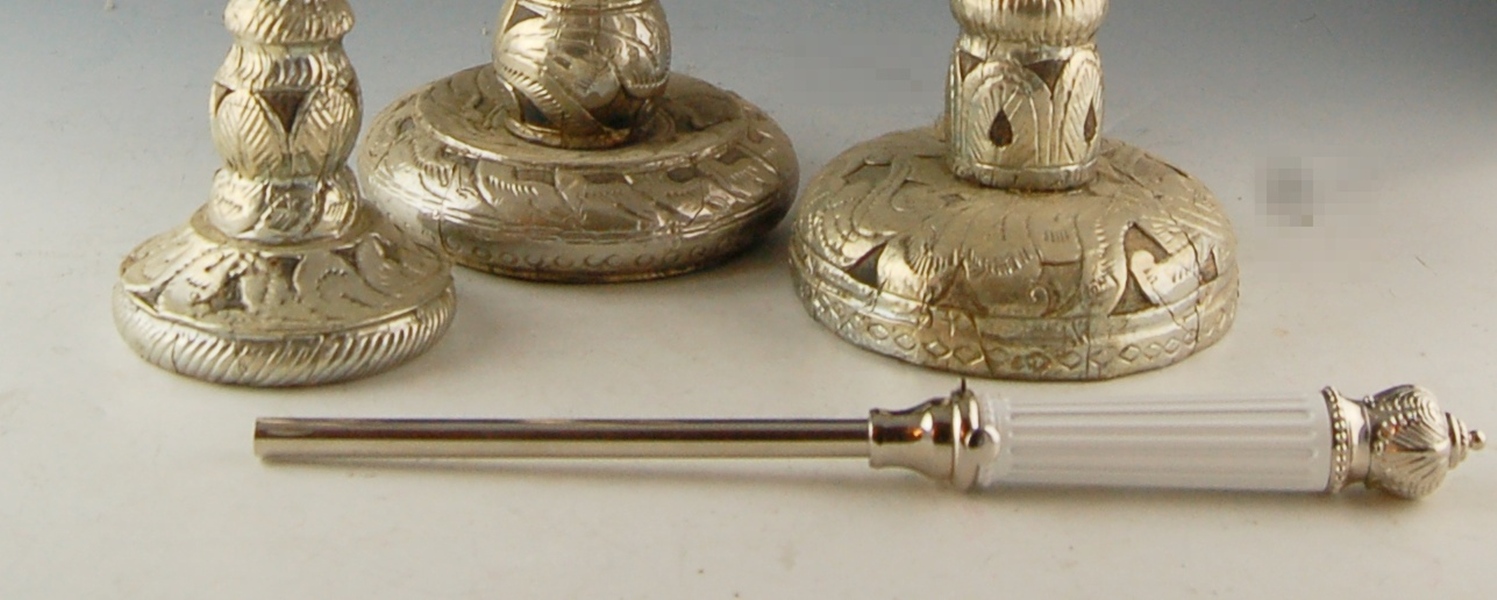 Three Rustic Embossed Silver-Over-Wood Candlesticks and Lighter