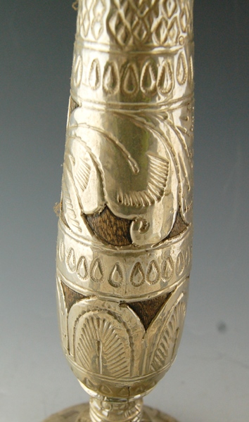 Three Rustic Embossed Silver-Over-Wood Candlesticks and Lighter