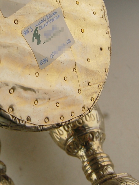 Three Rustic Embossed Silver-Over-Wood Candlesticks and Lighter