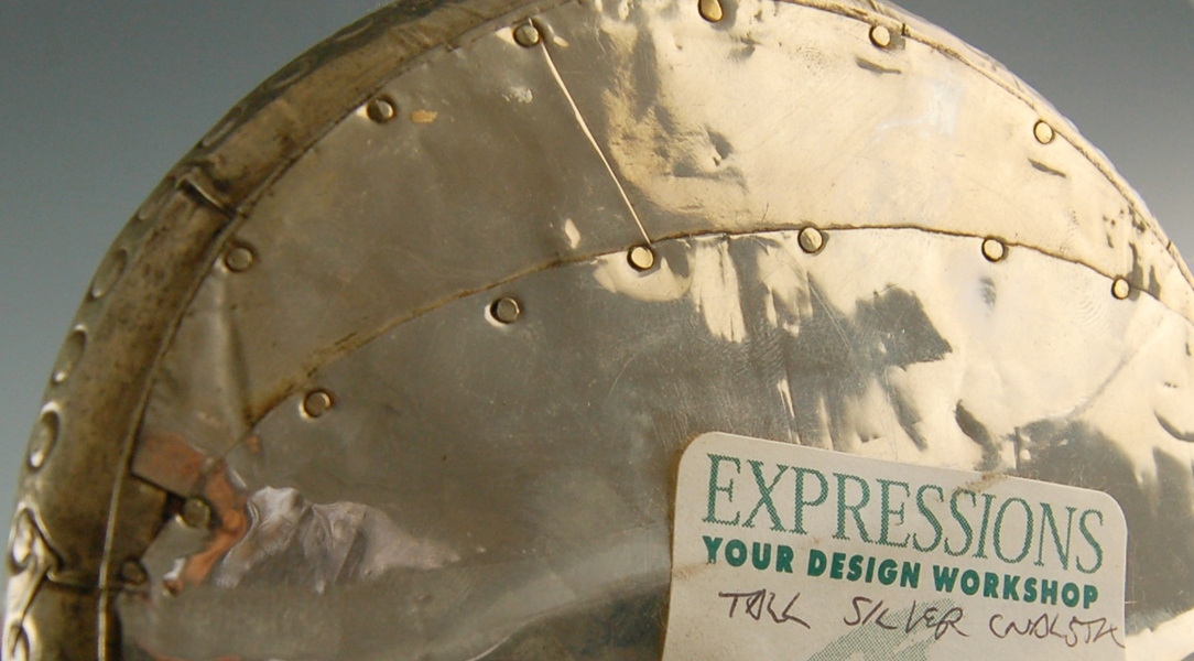 Three Rustic Embossed Silver-Over-Wood Candlesticks and Lighter