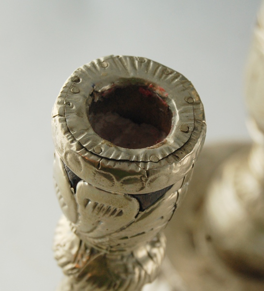 Three Rustic Embossed Silver-Over-Wood Candlesticks and Lighter
