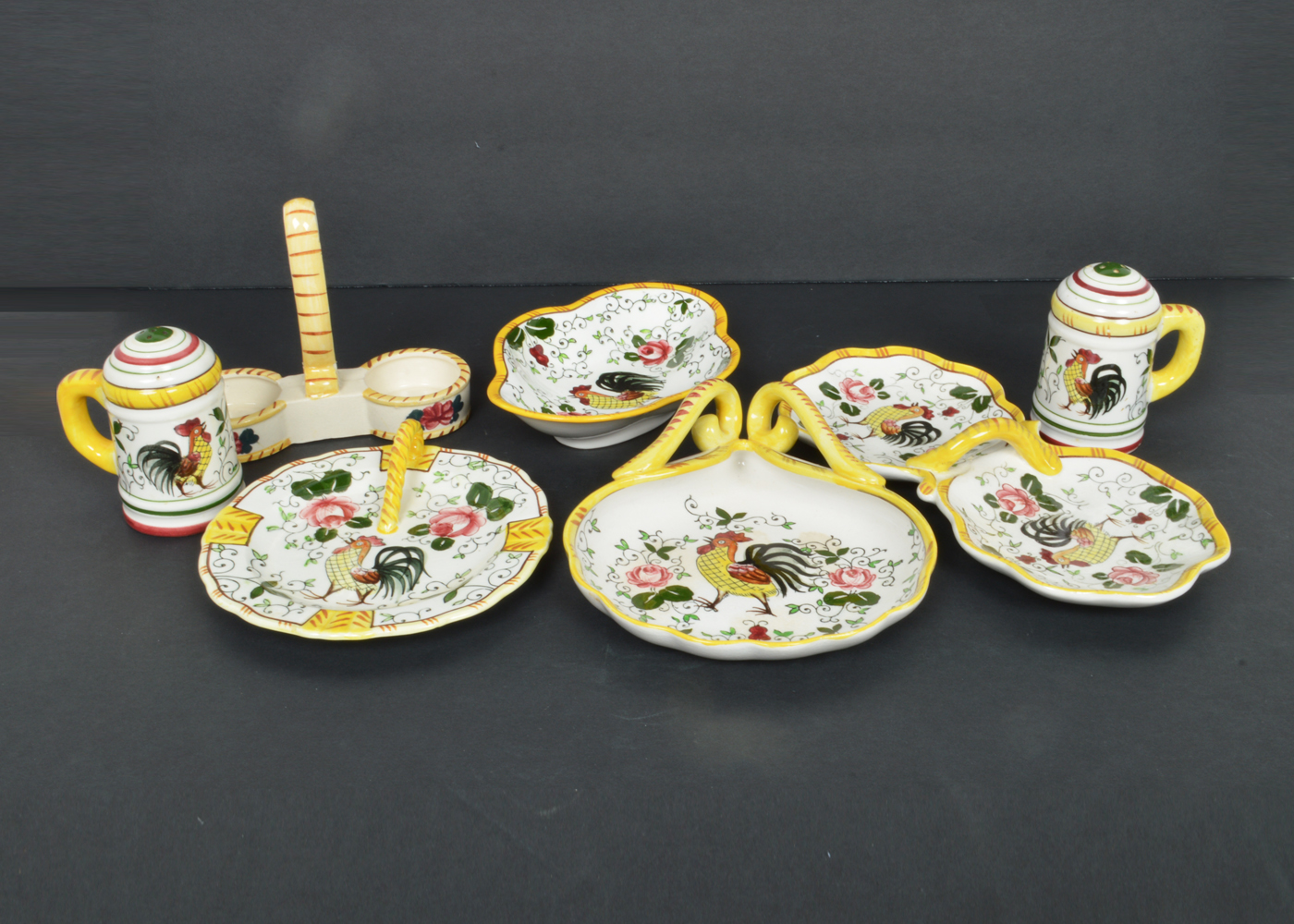 Assortment of Ucagco PY Early Provincial Rooster and Roses Dishes