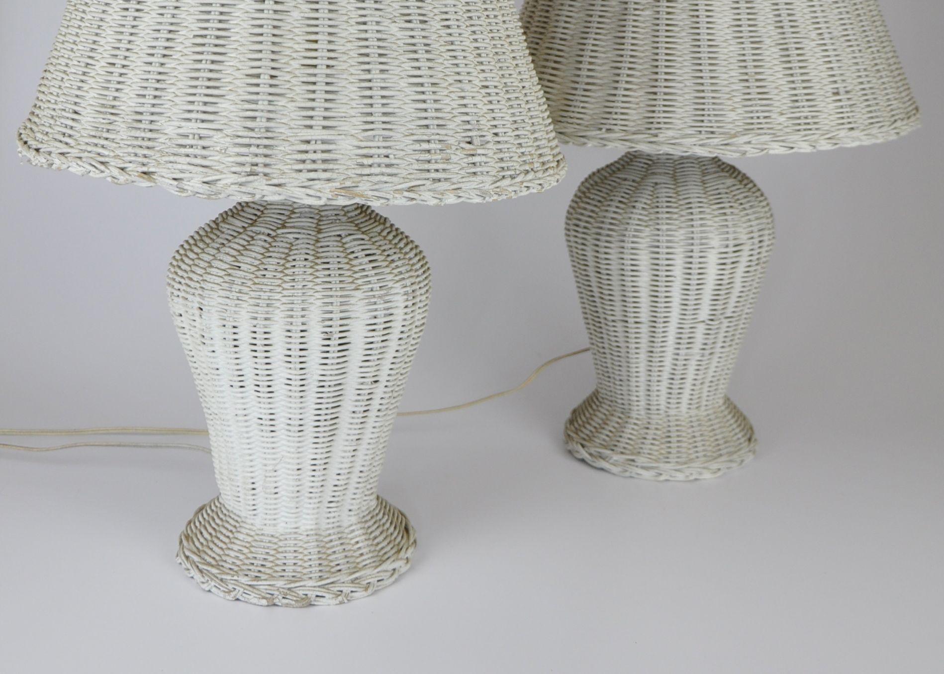Pair of Vintage White Wicker Table Lamps